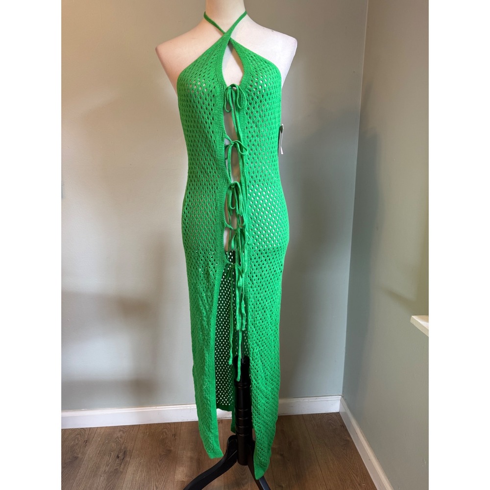 Honey Pink Green Crochet Maxi Dress Halter tie coverup beach tropic L NWT resort